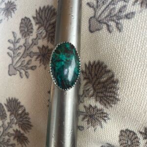 Artisan Azurite ring with silver and brass hand stamped with evil eye. Size 4